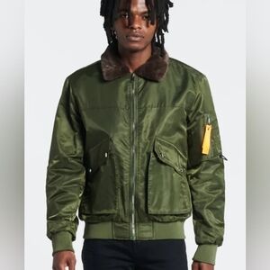 Men's Green Bomber Jacket with Brown Collar XL Decibel